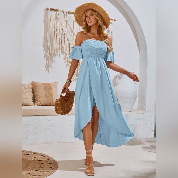 High-Low Smocked Short Sleeve Midi Dress - Picture 1 of 6